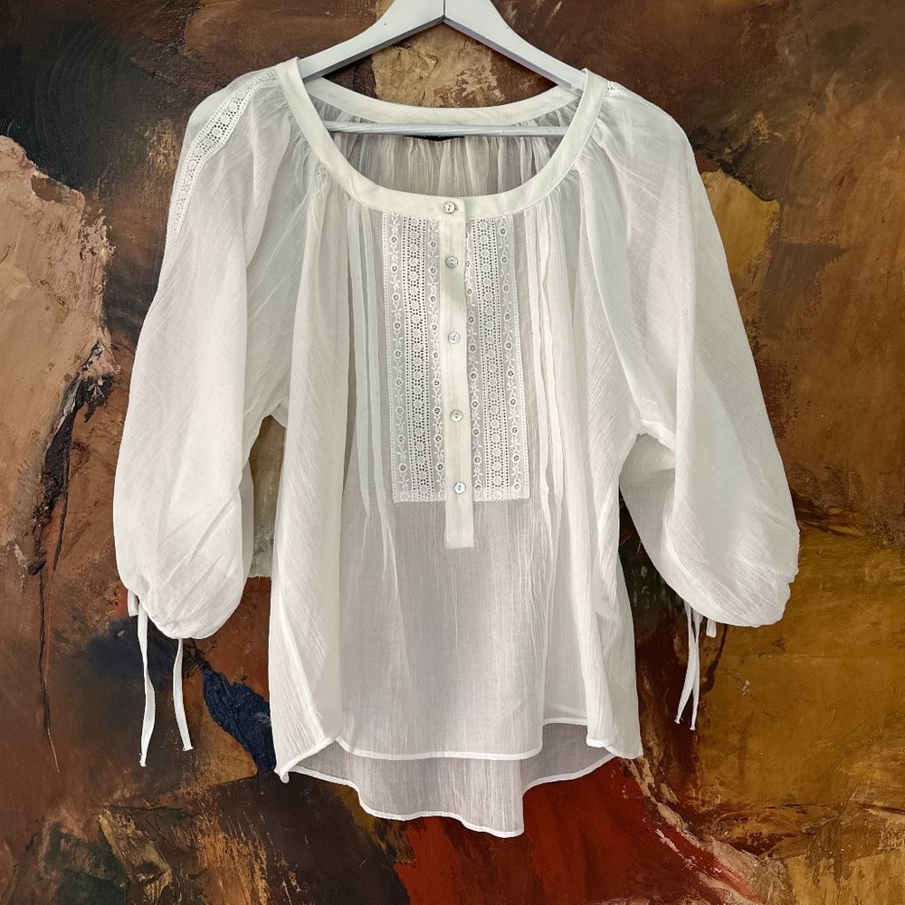 ZARA White Long  Sleeves Embroidered lace Low High Cotton Relaxed  Blouse S